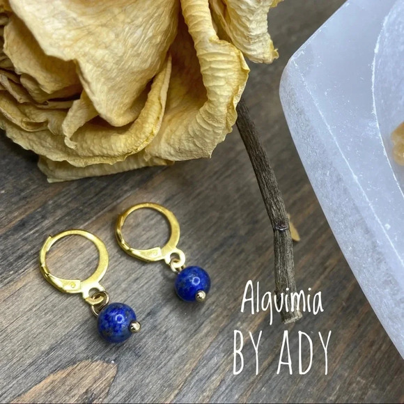 Dinty 6mm Lapis lazuli gold dangle hoops statement earrings - Picture 1 of 1